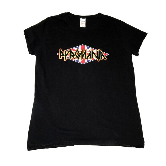 RARE PYROMANIA DEF LEPPARD T SHIRT SZ L BLACK UNION JACK LOGO CAP SLEEVE WOMENS - Picture 1 of 5